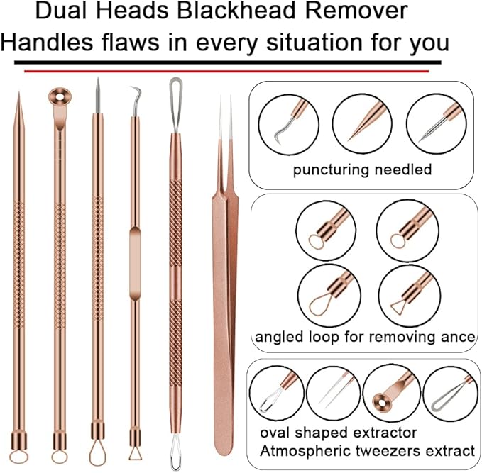 Pimple Popper Tool Kit, 6 Pcs Blackhead Remover Acne Needle Tools Set Removing Treatment Comedone Whitehead Popping Zit for Nose Face Skin Blemish Extractor Tool - Rose Gold