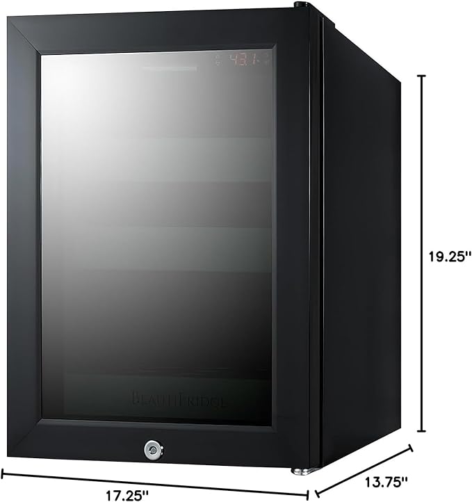 Summit Appliance LX114LGT1 BeautiFridge Cosmetics Cooler; Glossy Mint Adjustable Shelves; Commercial Grade Design; LED Lighting; Digital Thermostat; Double Pane Mirror-tinted Glass Door