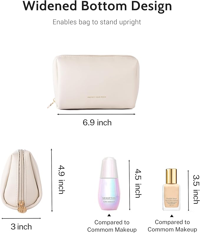Aveniee Travel Makeup Bag Small, Vegan Leather Cosmetic Pouch for Purse, Wide-open Toiletry Organizer with Dividers & Zipper for Women-Beige
