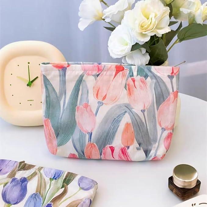 SxoSyo Cosmetic Bags for Women Makeup Bag Large Capacity Purse Travel Toiletry Zipper Storage Pouch Make up Brushes Organizer for Gifts (Pink, tulip)