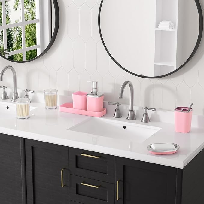 Pink Bathroom Accessory Set, Plastic Bathroom Set with Tray, Soap Dispenser, Toothbrush Holder, Toothbrush Cup, Soap Dish, Toilet Brush, Trash Can and Q-tip Holders for Bathroom/Housewarming