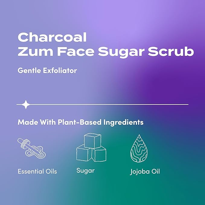 Indigo Wild Zum Face Sugar Facial Scrub - Natural Sugar Scrub - Soothing Facial Exfoliator with Jojoba Oil, Coconut Oil & Olive Oil - Charcoal - 4 Oz