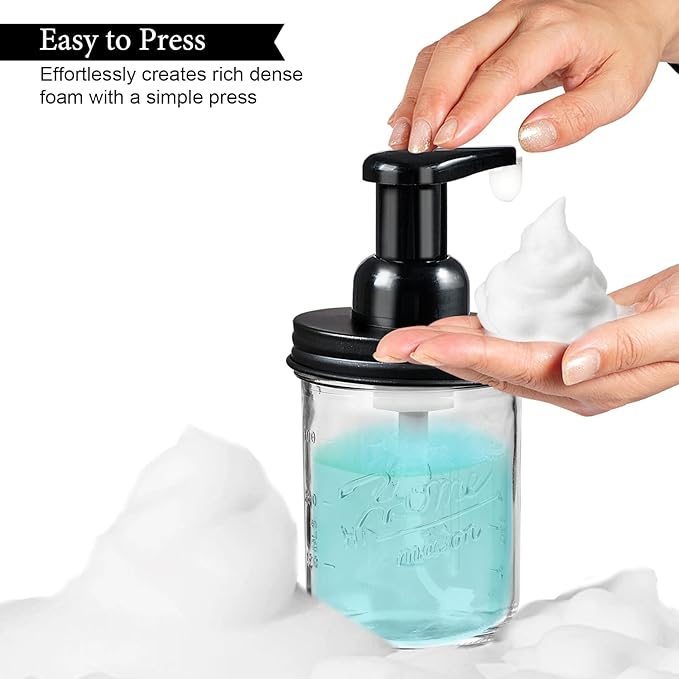 SheeChung Mason Jar Foaming Soap Dispenser, Glass Foaming Hand Soap Dispensers, Stainless Steel Lid, Refillable Foam Soap Dispenser for Bathroom Kitchen, Farmhouse Bathroom Decor (2 Pack, Black)