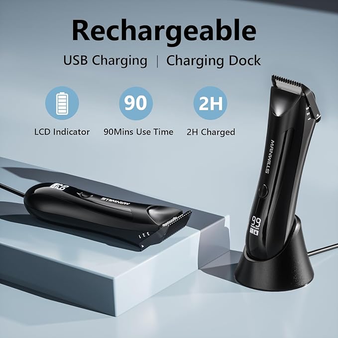 Body Hair Trimmer Men - Ball Trimmer Men, 2 Replaceable Ceramic Blades, Waterproof Pubic Trimmer with Charging Dock, Rechargeable, 7000RPM