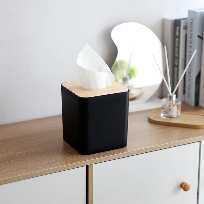 Square Tissue Box Cover,Black Tissue Box Holder,Bamboo Facial Cube Box Cover for Storage on Bathroom Vanity, Countertop, Bedroom Dresser