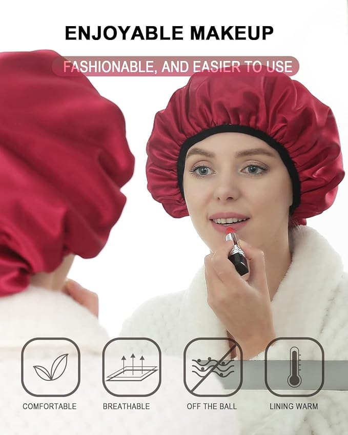 YIZIJIZI Triple Layer Reusable Waterproof Shower Cap for Women Large Terry Lined Hair Cap for Long Thick Hair Travel Bath Care Red