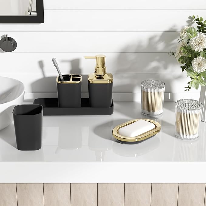 Black Bathroom Accessories Set, Black and Gold Bathroom Accessories with Trash Can, Tray, Soap Dispenser, Soap Dish, Toothbrush Holder, Toothbrush Cup,Toilet Brush and Qtip Holders