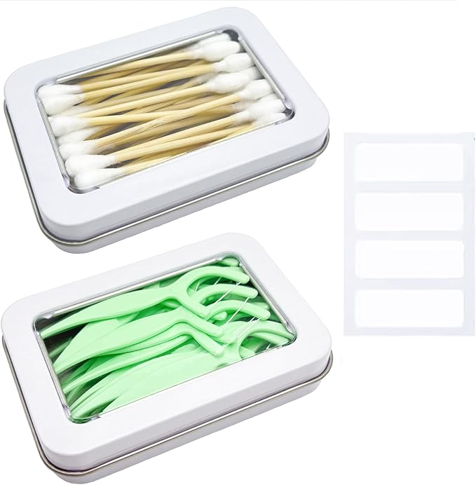 Cotton Swab Holder for Travel, 2 Pcs Portable Small Dental Floss Holder Empty Metal Cotton Ball Holder, Travel Floss Picks Case with Dustproof Lid for Cotton Swabs Hair Ties Floss, White