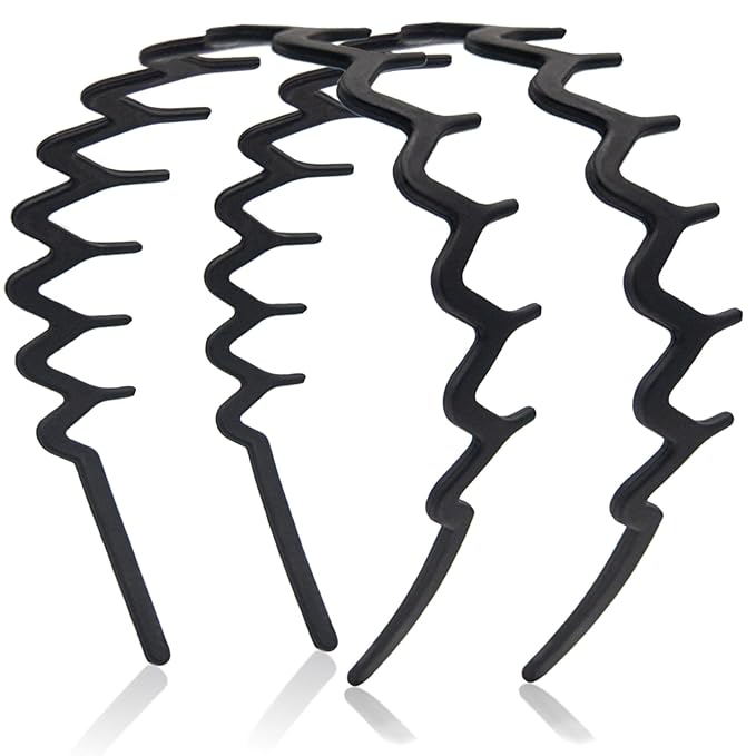 Zig Zag Headbands for Women Men, Non-slip Plastic Wavy Headband with Teeth Comb Hairbands Classic 90s Hair Accessories 2pcs (Matte Black)
