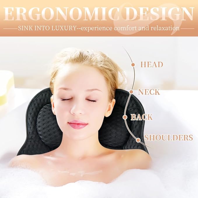 Bath Pillow for Tub, 4D Air Mesh Breathable Fabric, Soft Supportive Bathtub Cushion for Head Neck Back, Ergonomic Spa Pillow with Strong Suction Cups, Quick-Drying, Machine Washable (Black)