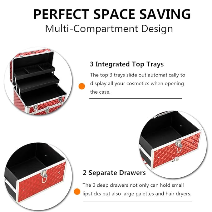 mefeir Aluminum Rolling Makeup Train Case, Portable Makeup Organizer Suitcase, Cosmetic Storage Box, Travel Beauty Luggage Trolley Lockable w/4 Removable Wheels & 2 Sliding Drawers (Red)