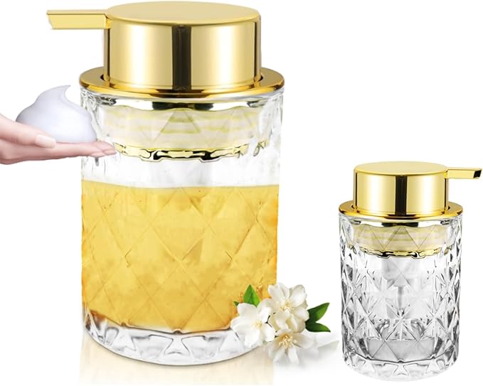 Glass Foaming Soap Dispenser Refillable Foaming Hand Soap Dispenser with Gold Large Pump Wide Opening for Bathroom Kitchen Countertop Modern Home Decor with Elegant Pattern - Clear