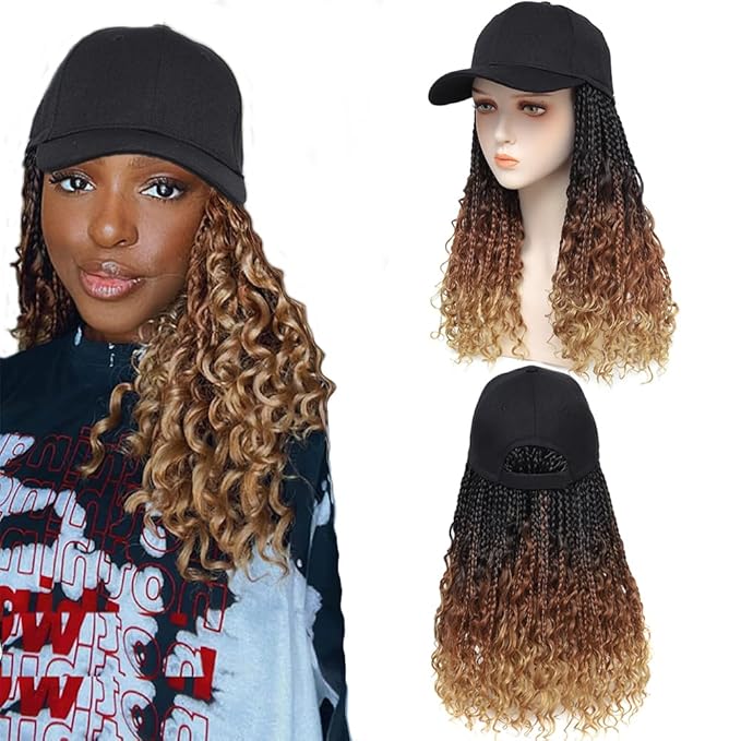 GUOJIAN Goddess Box Braids Baseball Cap Wig Bohemian Curly Ends Box Braiding Hat with Crochet Hair Extensions for Black White Women Synthetic Braids Hat Wig with Hair Attached (16inch, T1B/30/27)