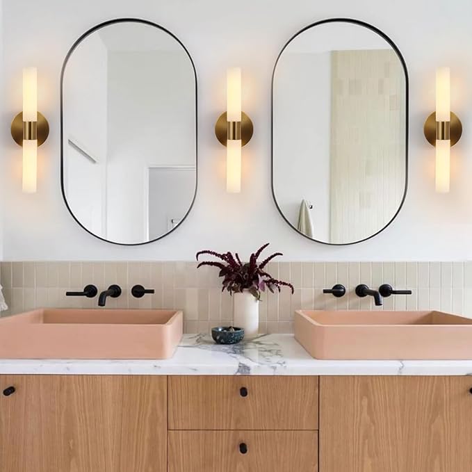 Wall Sconces Set of Two, Brass Gold Bathroom Sconces Wall Lighting with White Glass, Modern Sconces Wall Decor Set of 2 Wall Light fixtures for Bathroom Mirror Living Room Hallway Wall Lamp