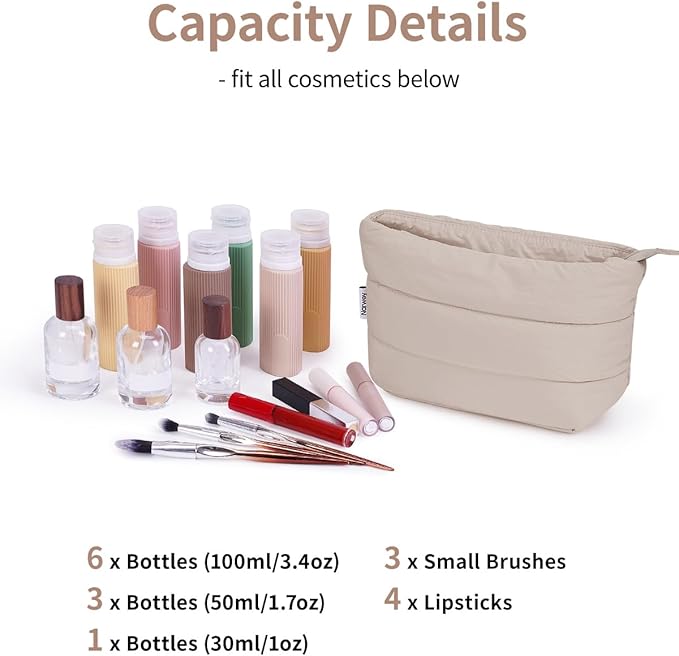 Narwey Travel Makeup Bag for Women Girl, Puffer Makeup Up Organizer Bag Cosmetic Bag, Puffy Cute Makeup Pouch Purse, Travel Toiletry Bag (Khaki)
