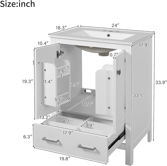 Bellemave 24" Bathroom Vanity with Sink Combo Set, Solid Wood Frame Bathroom Storage Cabinet with a Drawer, 2 Soft Closing Cabinet Doors with Organizer, White