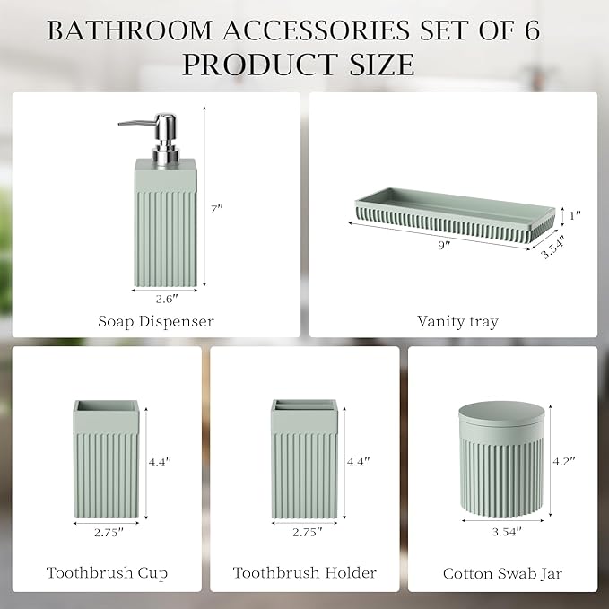 Bathroom Accessories Set, 6-Piece Resin Green Bathroom Set with Toothbrush Holders, Soap Dispenser, Vanity Tray, Tumbler, Cotton Swab Jars, Modern Bathroom Organizer for Small Spaces