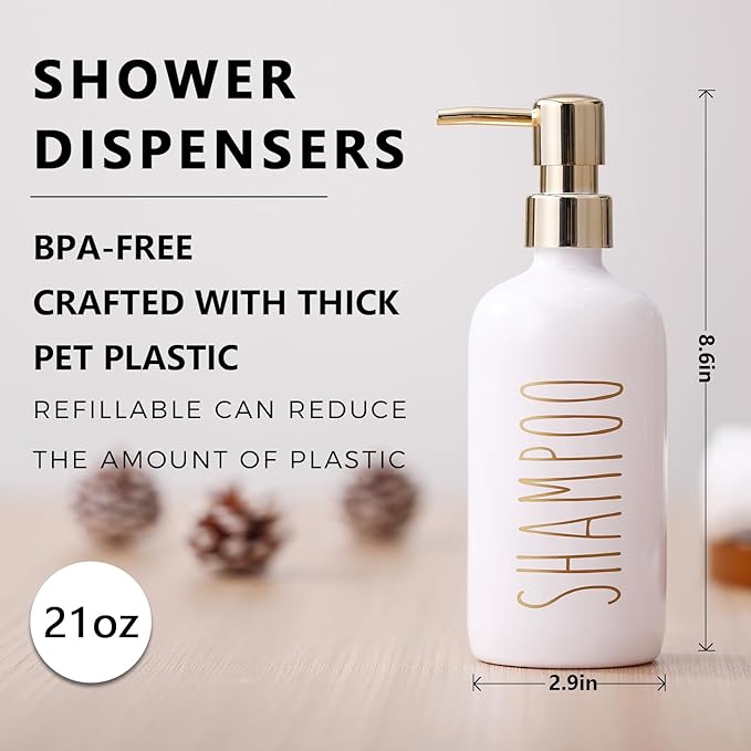 HOMCDALY Shampoo and Conditioner Dispenser Set of 3, 21oz Shower Soap Bottles with Pump, Refillable Shampoo Conditioner Body Wash Dispenser, Bathroom Shower Shampoo Bottles, Shampoo Container(P-Gold)