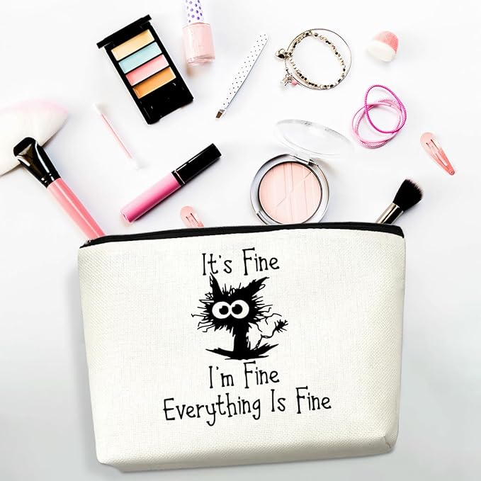 Black Cat Gifts for Women Makeup Bag, It's Fine I'm Fine Everything is Fine Funny Cat Cosmetic Bags Zipper Travel Toiletry Pouch Best Gifts Idea for Cat Lovers Teen Girls, Funny Makeup Bag