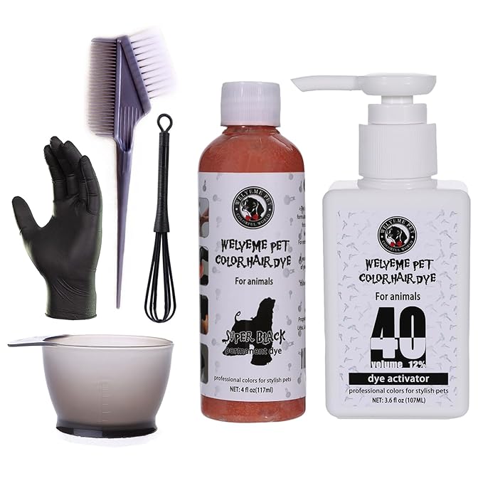 Black Pet Hair Dye Kit, Permanent Dog Hair Dye with Hair Color Whisk, Brush, Mixing Bowl, and Glove(SuperBlack)