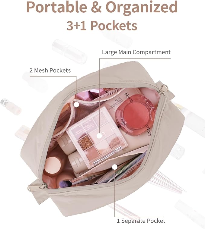 Narwey Travel Makeup Bag for Women Girl, Quilted Makeup Bag Cosmetic Make up Organizer Bags, Cute Small Travel Toiletry Bag for Toiletries (Khaki)