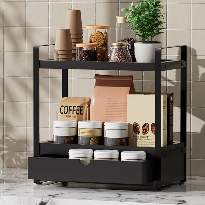 2-Tier Bathroom Organizer Countertop with Drawer, Wood Bathroom Counter Shelf for Storage, Vanity Organizer Countertop for Kitchen, Office