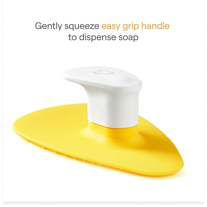 Munchkin Squeeze & Scrub Silicone Baby Bath Brush with Soap and Shampoo Dispenser - Soft & Gentle Bristles, Great for Newborn Neck Folds, Cradle Cap, Hair, Massager & Hard-to-Reach Spots, Yellow