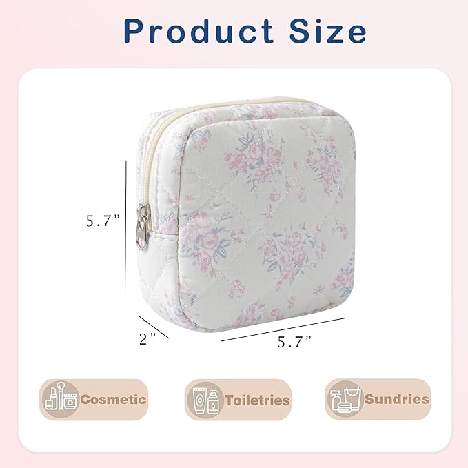Small Quilted Cotton Makeup Bag for Purse, Cosmetic Bag with Compartments, Cotton Aesthetic Makeup Bag, Travel Toiletry Pouch, Lipstick Bag Card Holder Data Cable Organizer (13Pink Rose)