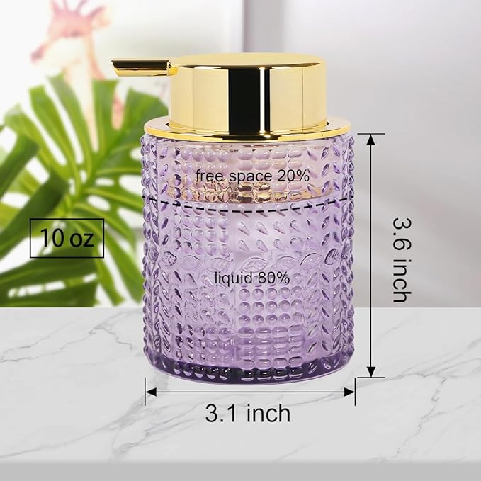 Foaming Soap Dispenser, Purple Glass Foam Soap Dispenser with Gold Pump, Refillable 10oz Lotion Liquid Container Pump Bottle for Bathroom Kitchen Countertop