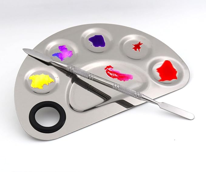 Miamay semicircle Makeup Palette Stainless Steel 6-dents Nail-art Cosmetic Artist Mixing Palette with 6 Inches Spatula Tool