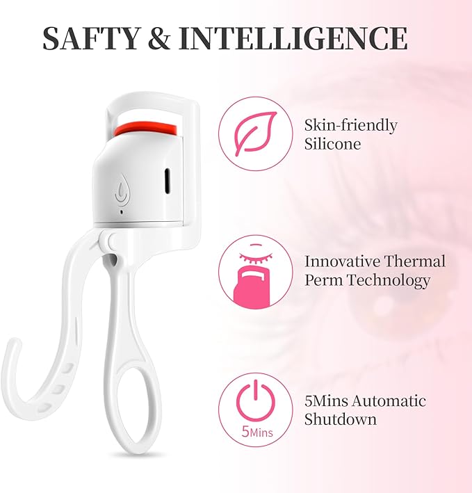 Heated Eyelash Curler, Rechargeable Electric Eyelash Curlers Fast Heat Up in 5s for 24 Hours Long Lasting, C-Shaped Safe Anti-Burn Quick Natural Eyelash Separator Tool Lash Comb (White)