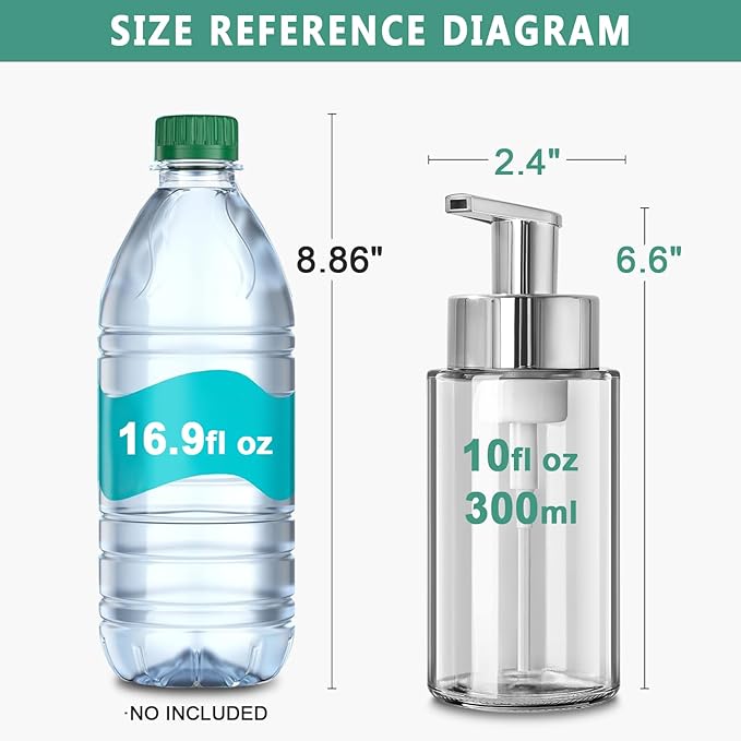 Glass Soap Dispenser, 10 oz/300ml Foaming Soap Dispenser, 2 Pack Foaming Hand Dispenser with 2 Non-Slip Silicone Bottom Sleeve, Clear Refillable Foam Soap Bottle with Silver Pump