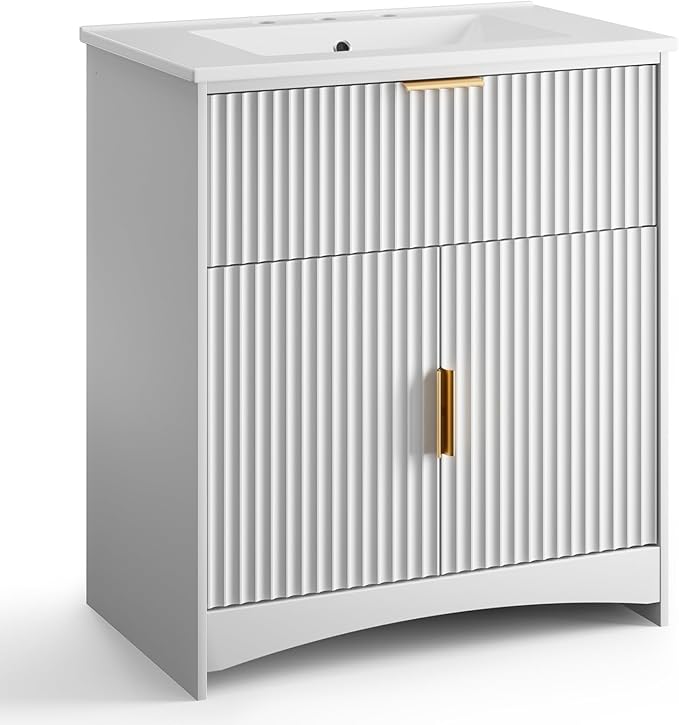 Amada 30'' Bathroom Vanity with Ceramic Sink, Modern Undermount Vanity Sink Cabinet with 2 Doors and 1 Drawer, Fluted Free Standing Bathroom Storage Cabinet with Sink Combo Set, White