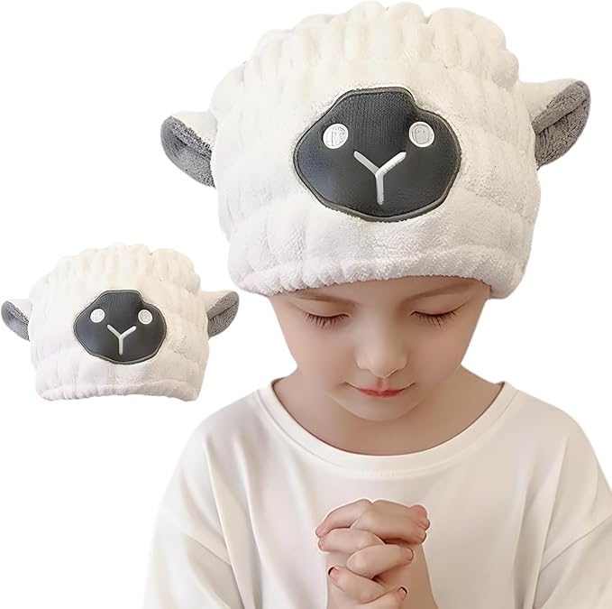 Microfiber Hair Towel Wrap for Kids, White Sheep Dry Hair Cap Suck Water, Absorbent Quick Girls Boys Hair Drying Towel, Lightweight Bouncy Hat Headscarf
