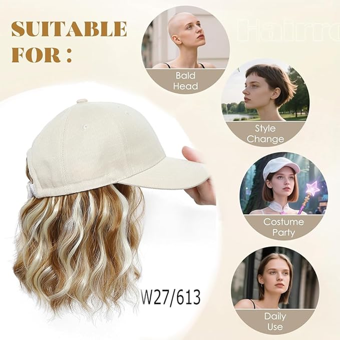 GUOJIAN Hat Wigs for Women 6' Short Wave Baseball Cap Wigs with Curly Hair Extensions Synthetic Wave Wig Adjustable Hat with Hair Attached for Daily Use (W27/613, 6inch)