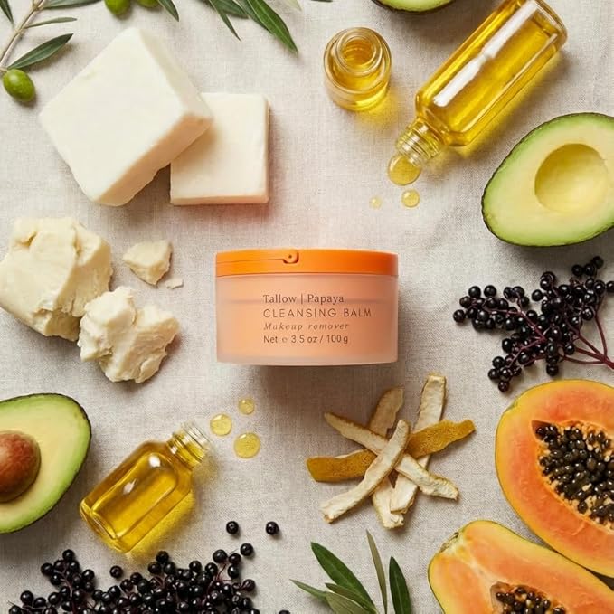 Tallow Cleansing Balm - With Grass-fed Beef Tallow, Papaya Enzyme | Waterproof Makeup Remover Balm | Natural Face Cleanser Oil | Sulphate Free | for sensitive skin, MADE IN USA - 3.17 oz/ 90 g (2 oz)