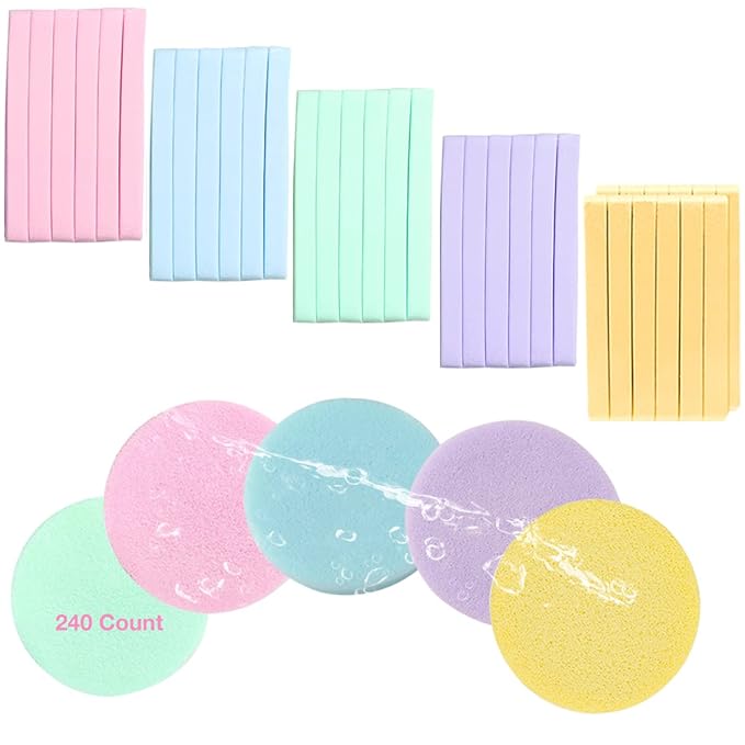 Facial Sponge Compressed,240 Count PVA Professional Makeup Removal Wash Round Face Sponge Pads Exfoliating Cleansing for Women,Yellow,Pink,Purple,Blue,Green