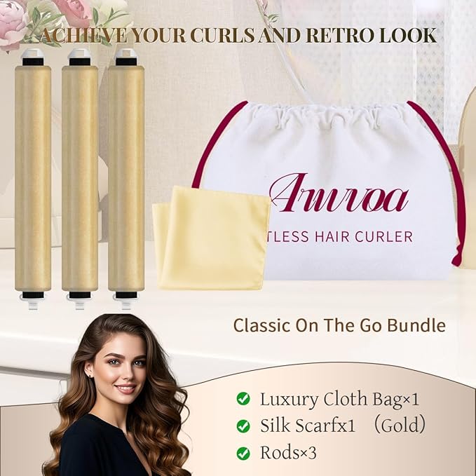 Heatless Hair Curler Heatless Curls Overnight Heatless Blowout with Luxury Cloth Bag Silk Scarf, Curling Rod Headband to Sleep in No Heat Curling with (Gold, 3Rods)