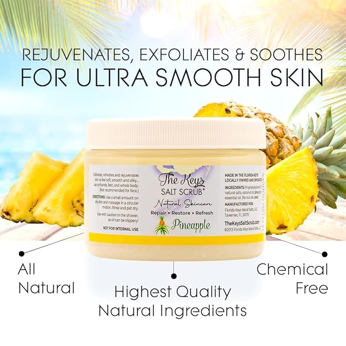 The Keys Salt Scrub -Sea Salt Scrub - Exfoliating Body Scrub with Wooden Spoon - Moisturizing Exfoliator for Hands, Foot, Bath, (12 Ounce (Pack of 12), Pineapple)