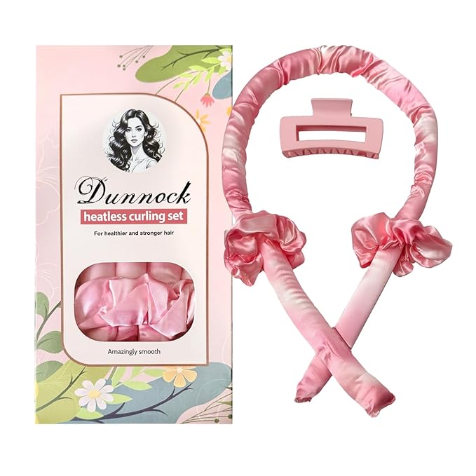 Dunnock Heatless Curling Rods Set Sakura Pink - Heatless Curls Overnight with 34" Hair Curler & 2 Satin Scrunchies No Heat Hair Curlers for Soft Waves & Bouncy Curls Damage Free Hair Styling Tool