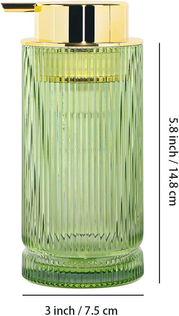14 Oz Foaming Soap Dispenser, Green Glass Soap Dispenser, Refillable Foam Pump Bottle Lotion Container with Gold Pump, Decorative Slim Ribbed Bottle for Bathroom and Kitchen Decor