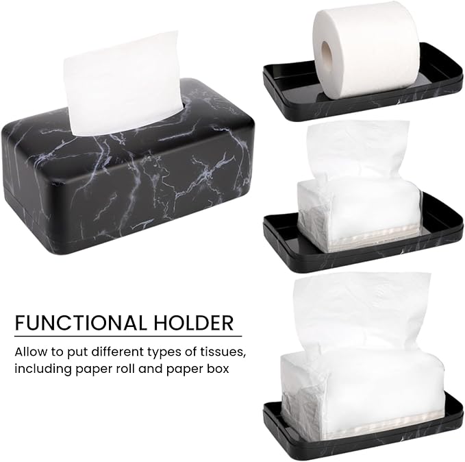 Tissue Box Holder, Rectangular Napkin Dispenser Box Cover, Black Faux Marble Facial Dryer Sheet Towel Organizer Case for Bathroom, Bedroom, Restaurant, Cars