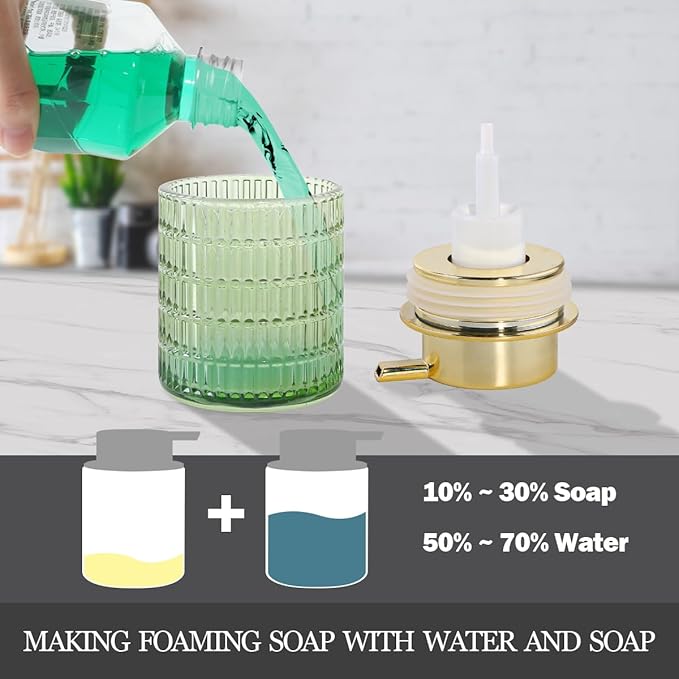 2pcs Green Foaming Soap Dispenser, Glass Foam Hand Soap Dispenser with Gold Pump, 10 Oz Bathroom Refillable Liquid Lotion Pump Ribbed Bottle Container for Countertop Decor