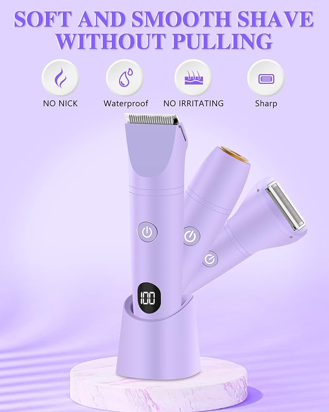 Bikini Trimmer for Women, Electric Razor for Pubic Hair 3-in-1, Bikini Shaver for Legs Body Hair, Womens Electric Razor IPX6 Waterproof, Gifts for Women,Purple