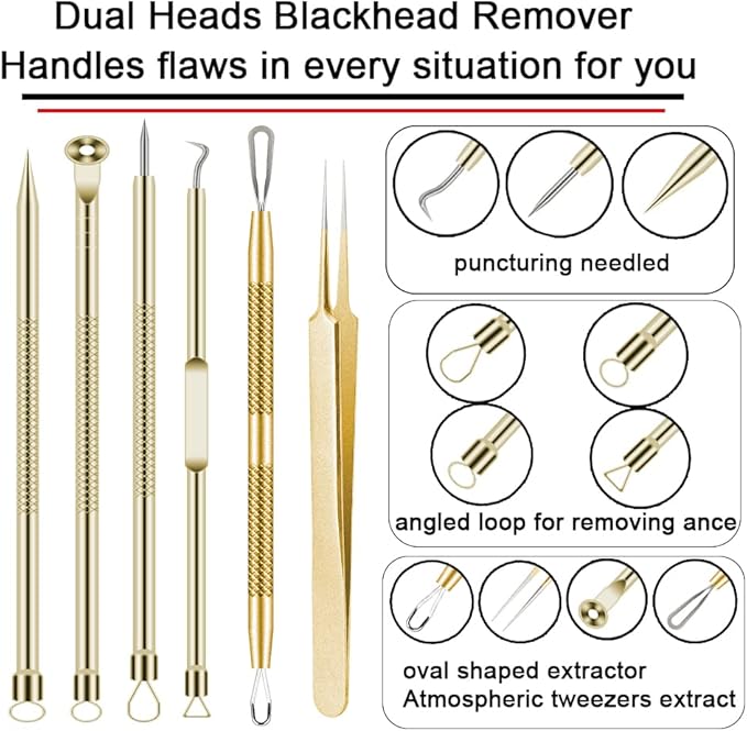 Pimple Popper Tool Kit 6 Pcs Blackhead Remover Acne Needle Tools Set Removing Treatment Comedone Whitehead Popping Zit for Nose Face Skin Blemish Extractor Tool - Gold