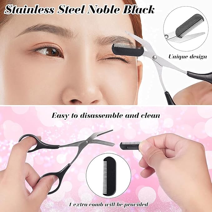 3-in-1 Eyebrow Scissors Kit，for Personal Facial Hair Removal,Multifunctional Ms. Exfoliating Beauty Tool，Including；Eyebrow Comb Scissors, Hair Removal Tweezers,Eyebrow Razor（Black