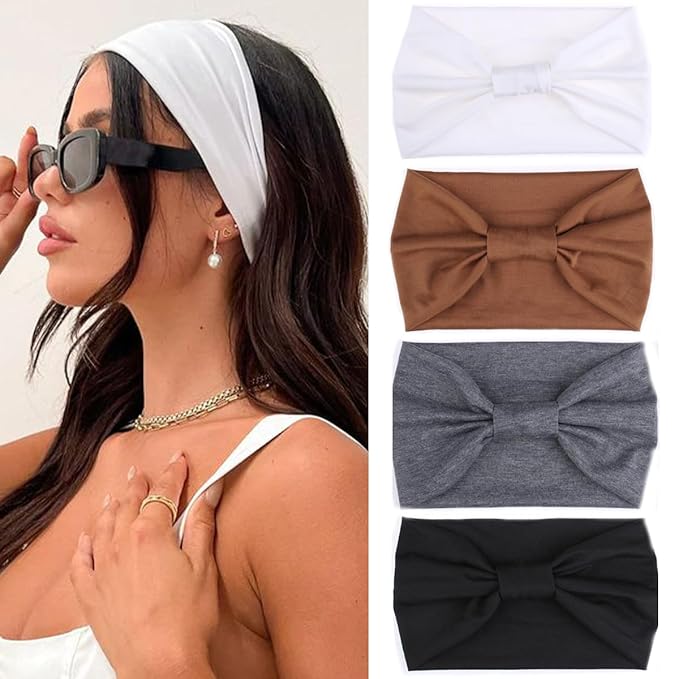 Kachanaa 4 Pack Wide Headbands for Women Non Slip Elastic Boho Bandeau Hair Bands Yoga Workout Running Sweat Hair Wraps Hair Accessories