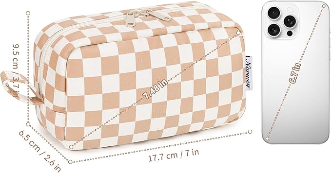 Narwey Small Checkered Makeup Bag for Purse Mini Cosmetic Bag Travel Makeup Pouch Zipper Pouch Cute Make up Bags with Organized Pockets for Women (Light Checkerboard, Small)