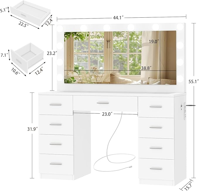 Quimoo Vanity Desk with Glass Top & Large Lights Mirror, 3 Adjustable Lighting Color, 46" Makeup Vanity Desk with 9 Drawers and 12 LED Lights, Vanity Table, Dressing Table for Bedroom(White)