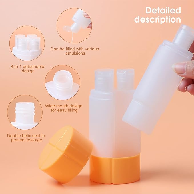 Travel Bottle, TSA approved 4-in-1 Leak-Proof Bottle, 4 * 60ml/2oz, with 2 Pre-printed Labels for Travel Gym Camping, Carry-On Travel Size Toiletries Shampoo Lotion Bottle for Women Men(Orange)